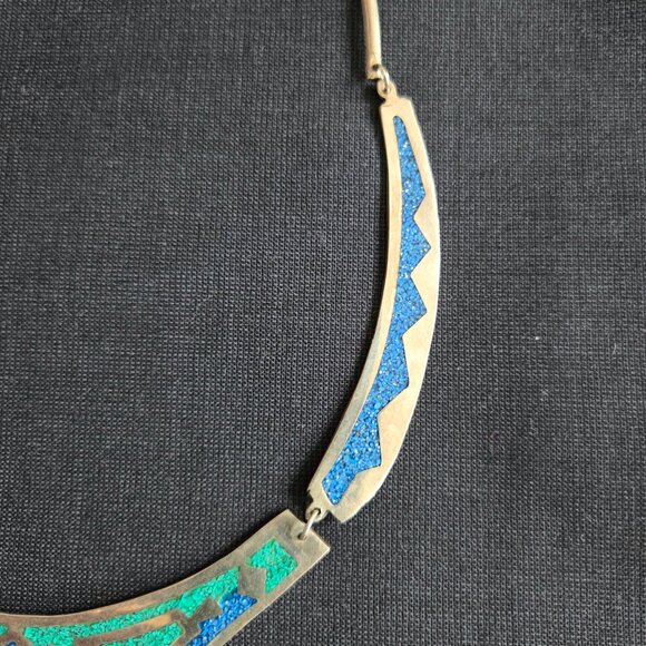 Vintage Aztec style bib choker necklace pendant Alpaca silver Mexico. - Picture 3 of 9